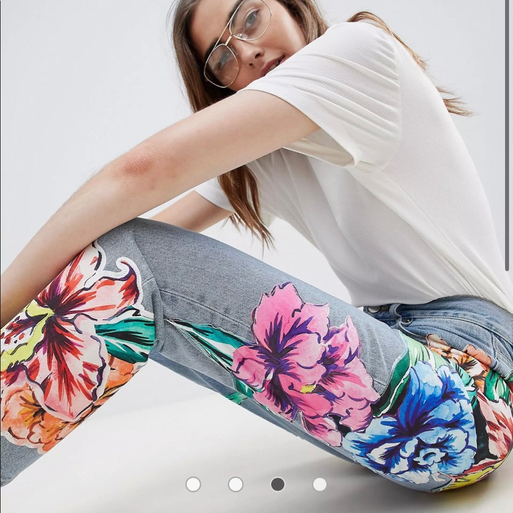 ASOS DESIGN rigid straight leg jeans in cambridge wash with floral patching